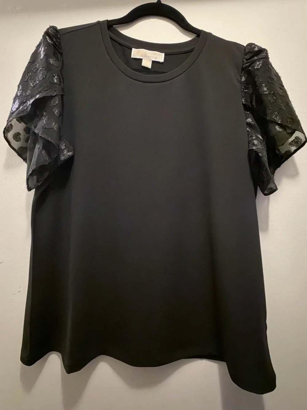 Michael Kors Black Short Sleeve Top with Sheer Ruffle Sleeves - Picture 1 of 4